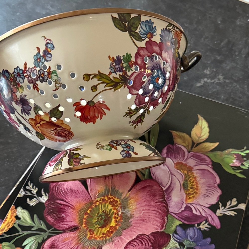 MacKenzie-Childs Floral Cream and Pink Enamel Colander with Gold Trim